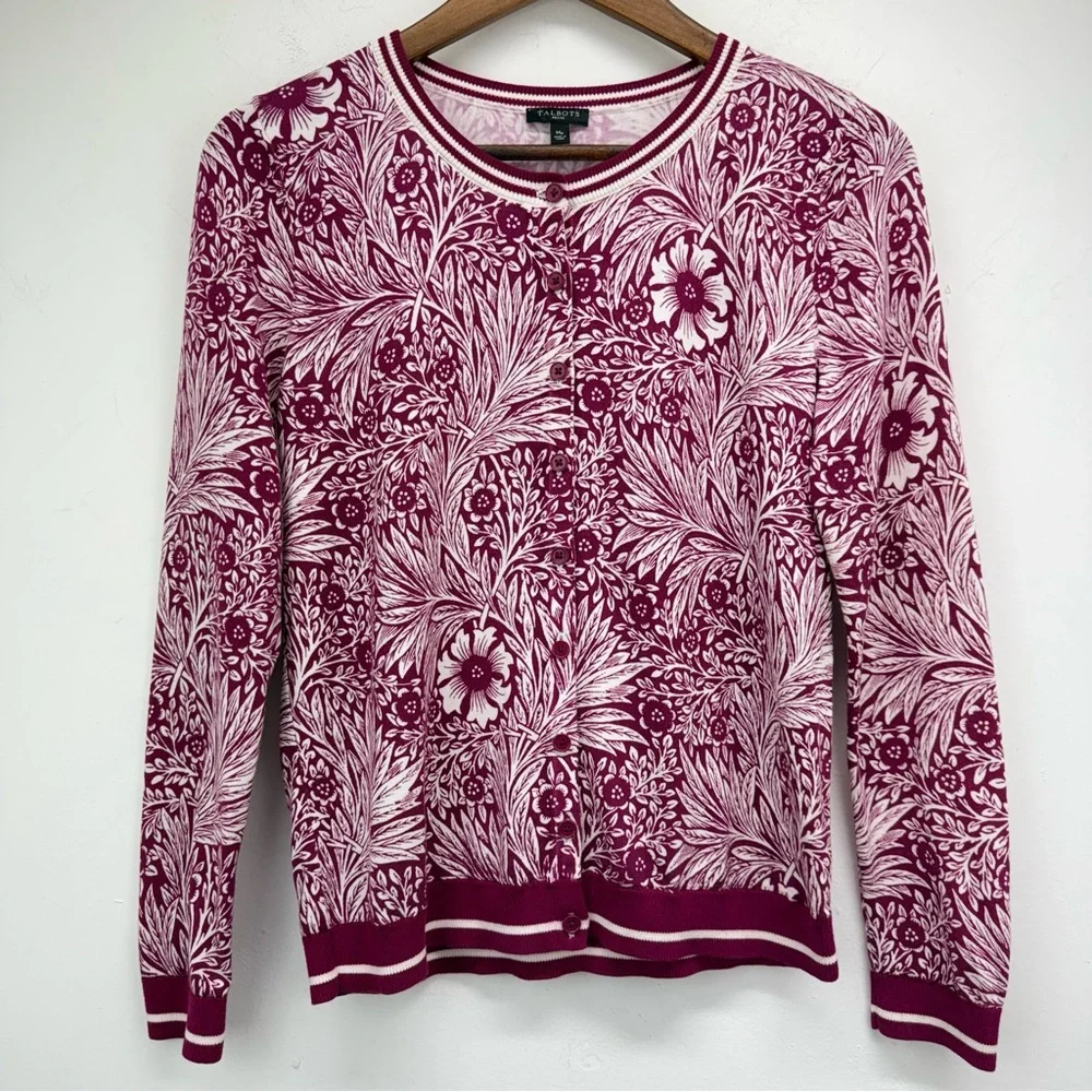 Talbots Sz Medium Petite Women’s Pink Berry Floral Lightweight Cardigan Sweater